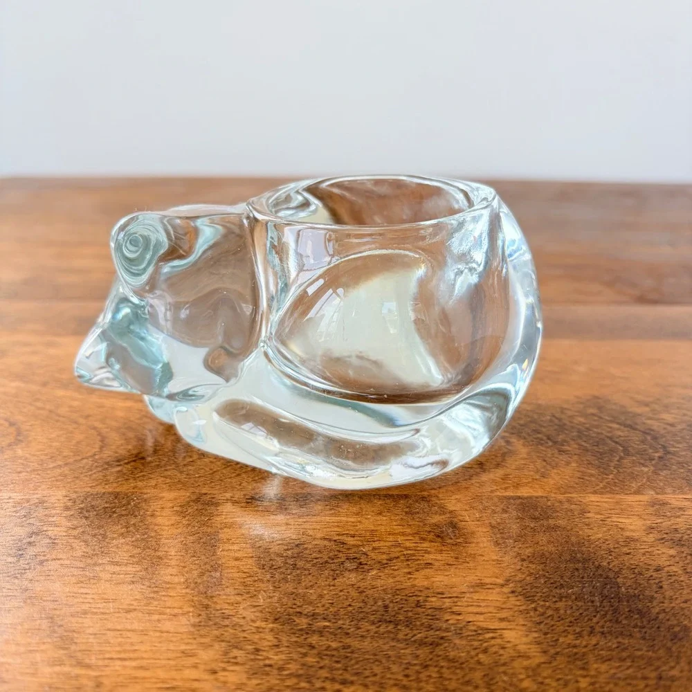 Vintage Clear Art Glass Sleeping Cat Votive Candle Holder Trinket Dish 4.5 Inch
